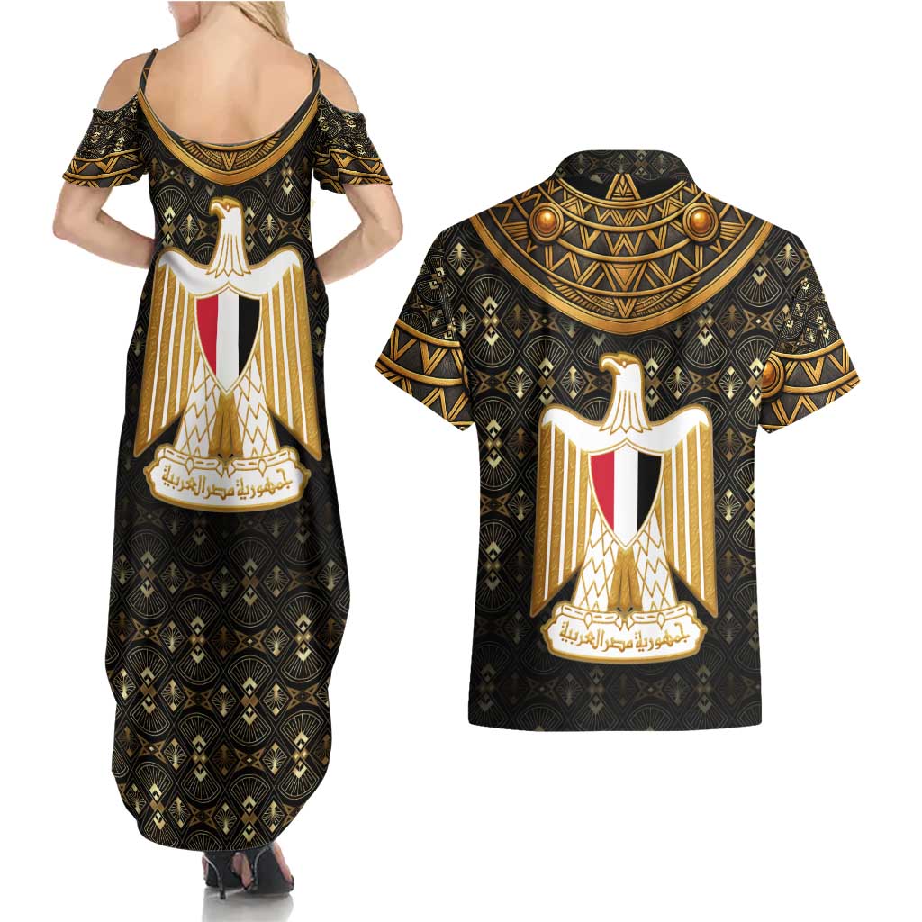 Pharaoh King Tut Egypt Couples Matching Summer Maxi Dress and Hawaiian Shirt with Hieroglyphic Gold Pattern