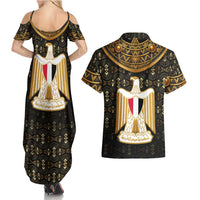 Pharaoh King Tut Egypt Couples Matching Summer Maxi Dress and Hawaiian Shirt with Hieroglyphic Gold Pattern