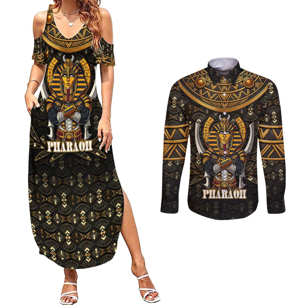 Pharaoh King Tut Egypt Couples Matching Summer Maxi Dress and Long Sleeve Button Shirt with Hieroglyphic Gold Pattern