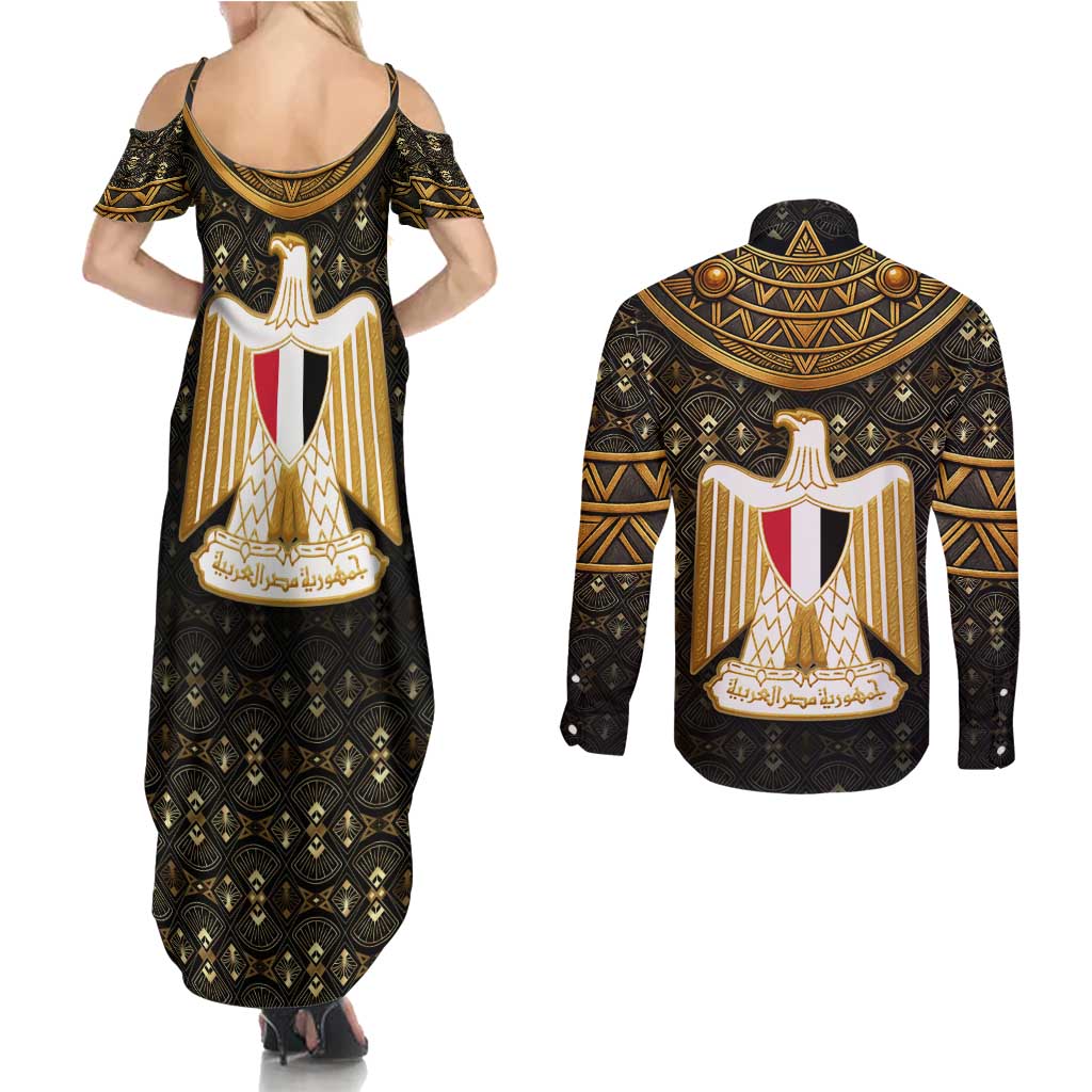Pharaoh King Tut Egypt Couples Matching Summer Maxi Dress and Long Sleeve Button Shirt with Hieroglyphic Gold Pattern