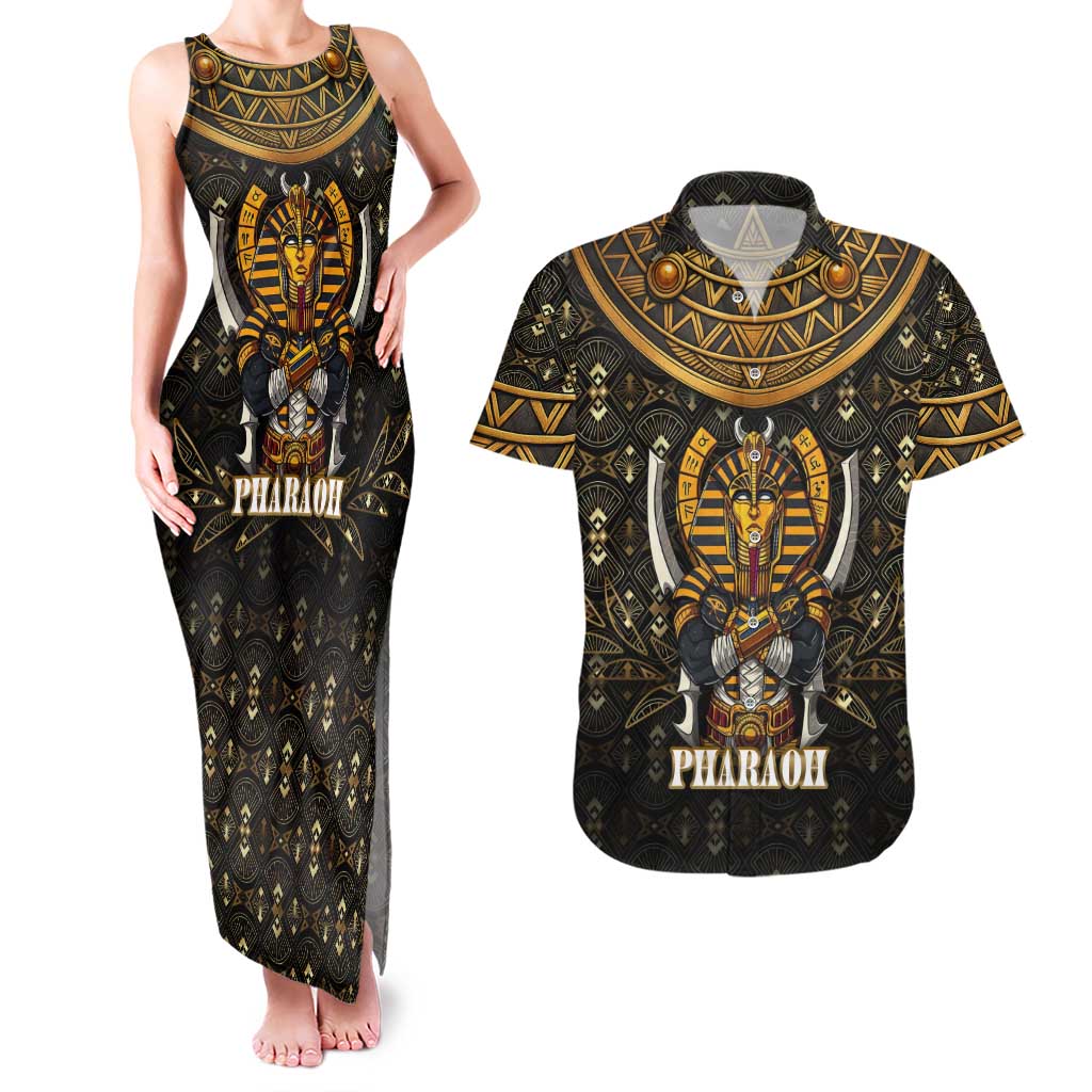 Pharaoh King Tut Egypt Couples Matching Tank Maxi Dress and Hawaiian Shirt with Hieroglyphic Gold Pattern