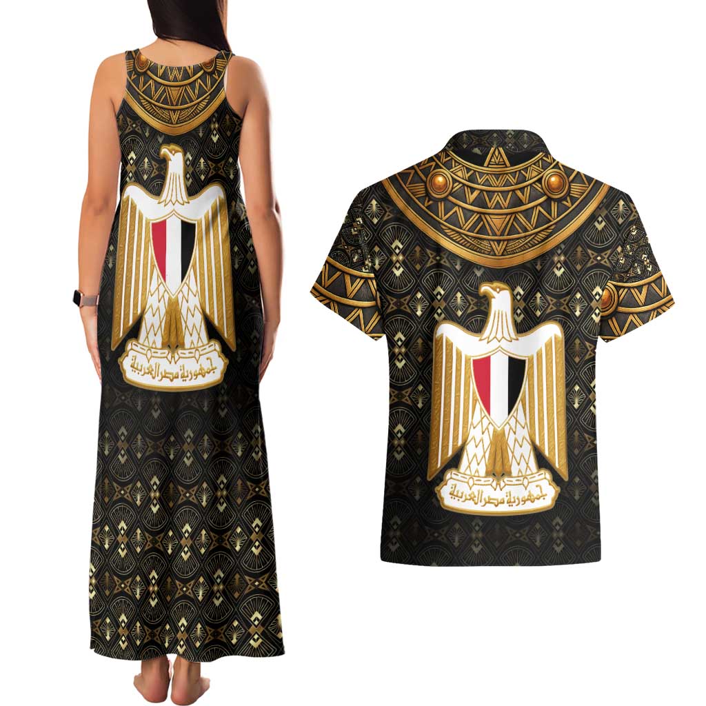 Pharaoh King Tut Egypt Couples Matching Tank Maxi Dress and Hawaiian Shirt with Hieroglyphic Gold Pattern