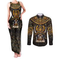 Pharaoh King Tut Egypt Couples Matching Tank Maxi Dress and Long Sleeve Button Shirt with Hieroglyphic Gold Pattern