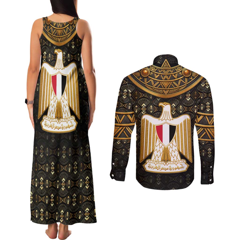 Pharaoh King Tut Egypt Couples Matching Tank Maxi Dress and Long Sleeve Button Shirt with Hieroglyphic Gold Pattern