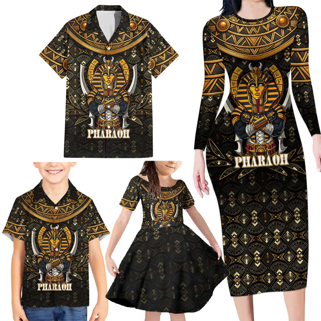 Pharaoh King Tut Egypt Family Matching Long Sleeve Bodycon Dress and Hawaiian Shirt with Hieroglyphic Gold Pattern