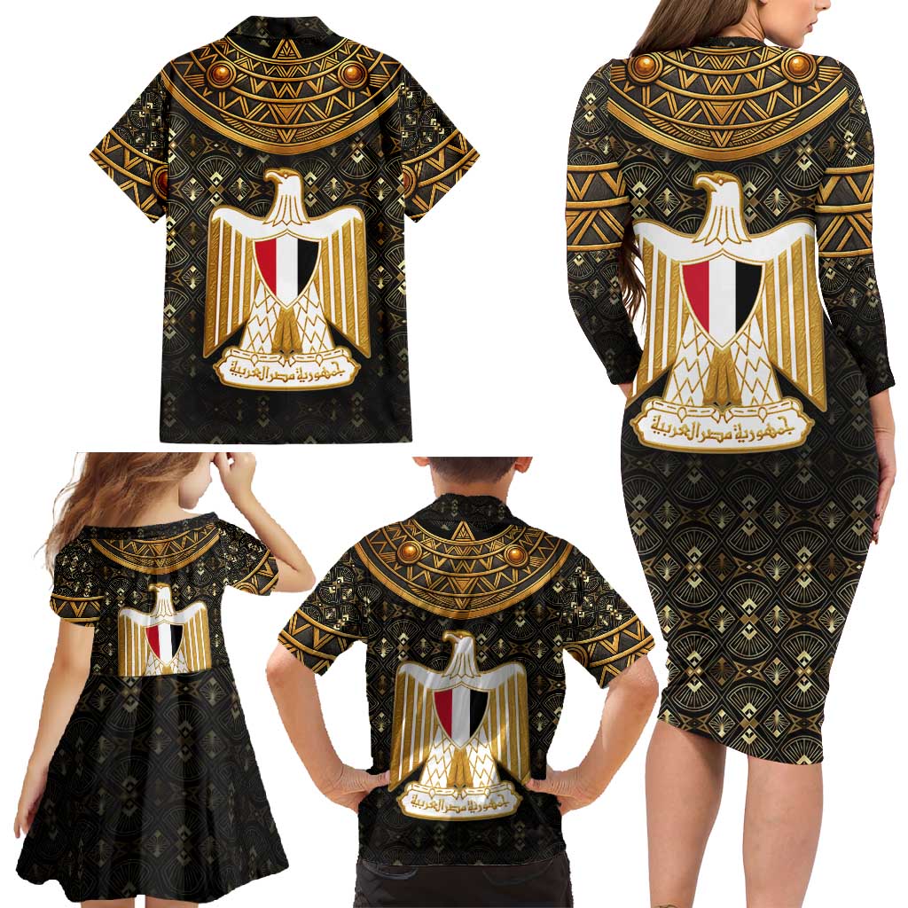 Pharaoh King Tut Egypt Family Matching Long Sleeve Bodycon Dress and Hawaiian Shirt with Hieroglyphic Gold Pattern