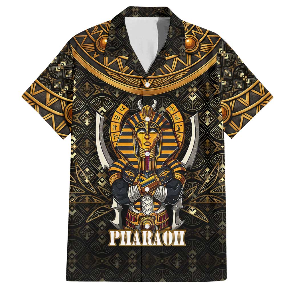 Pharaoh King Tut Egypt Family Matching Long Sleeve Bodycon Dress and Hawaiian Shirt with Hieroglyphic Gold Pattern