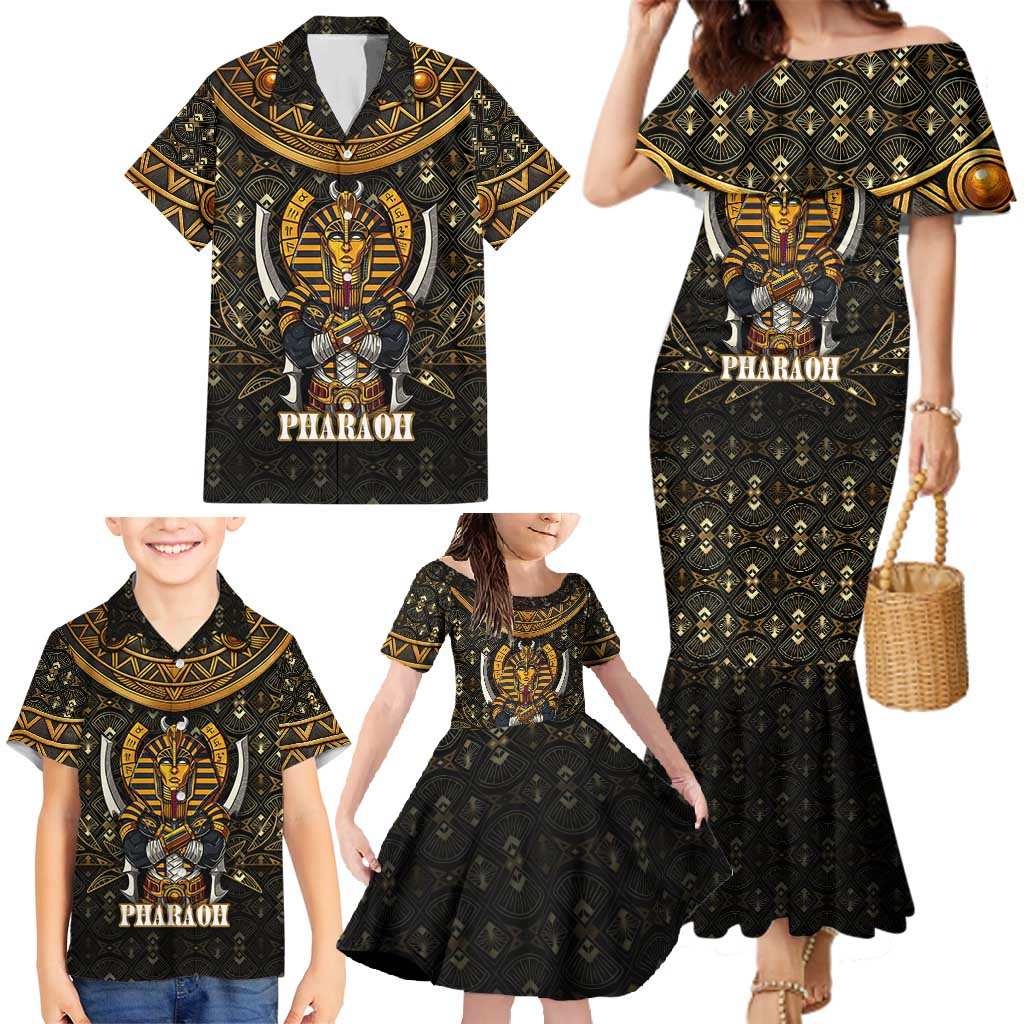 Pharaoh King Tut Egypt Family Matching Mermaid Dress and Hawaiian Shirt with Hieroglyphic Gold Pattern