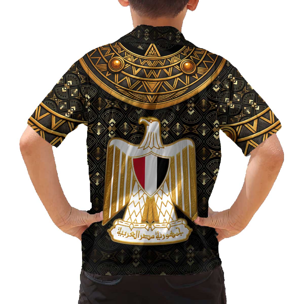 Pharaoh King Tut Egypt Family Matching Off The Shoulder Long Sleeve Dress and Hawaiian Shirt with Hieroglyphic Gold Pattern