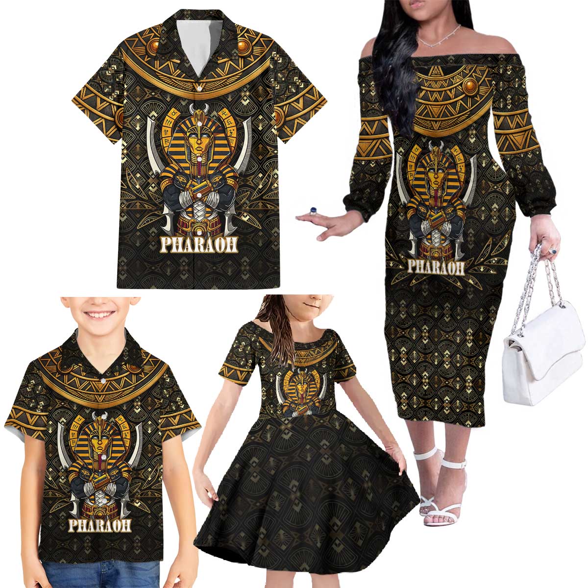 Pharaoh King Tut Egypt Family Matching Off The Shoulder Long Sleeve Dress and Hawaiian Shirt with Hieroglyphic Gold Pattern