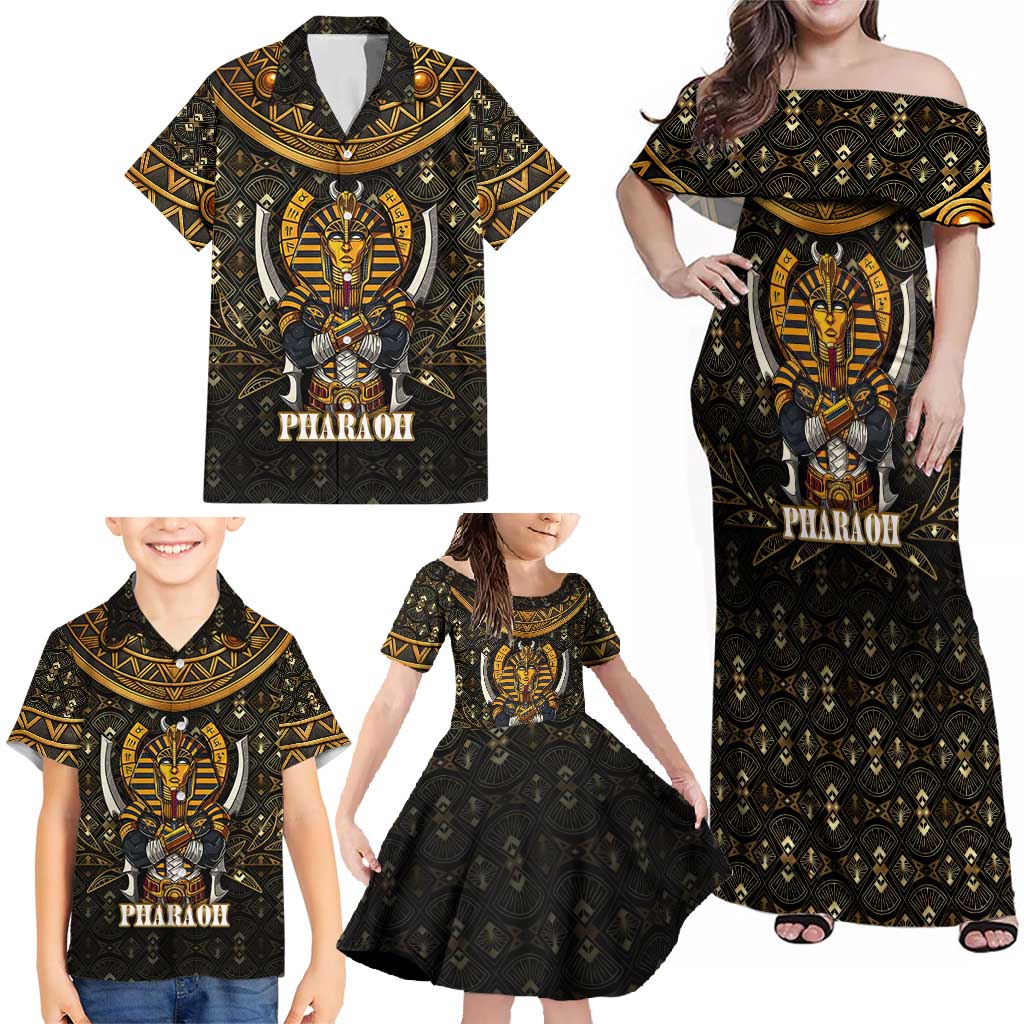 Pharaoh King Tut Egypt Family Matching Off Shoulder Maxi Dress and Hawaiian Shirt with Hieroglyphic Gold Pattern