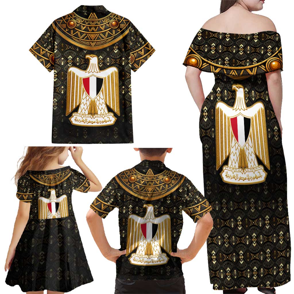 Pharaoh King Tut Egypt Family Matching Off Shoulder Maxi Dress and Hawaiian Shirt with Hieroglyphic Gold Pattern
