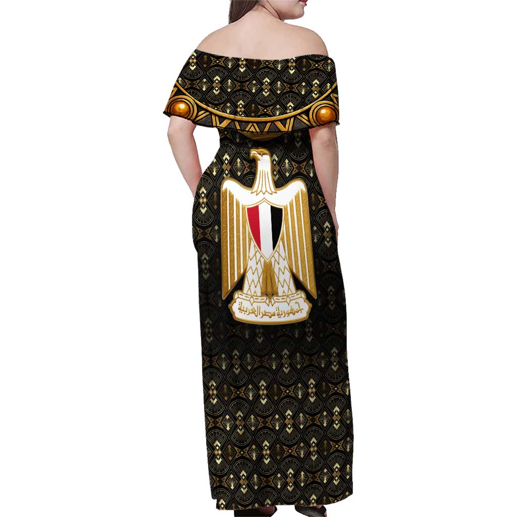 Pharaoh King Tut Egypt Family Matching Off Shoulder Maxi Dress and Hawaiian Shirt with Hieroglyphic Gold Pattern