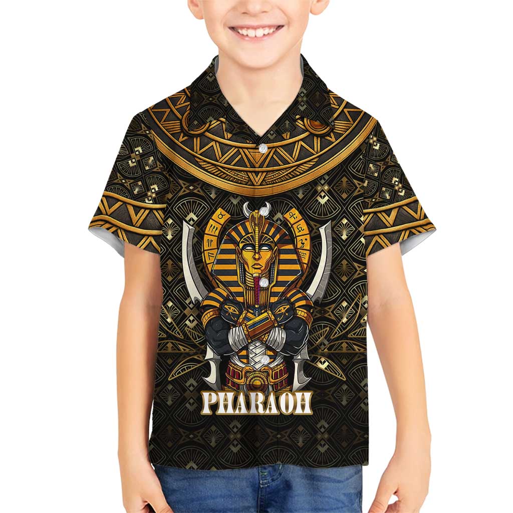 Pharaoh King Tut Egypt Family Matching Off Shoulder Maxi Dress and Hawaiian Shirt with Hieroglyphic Gold Pattern