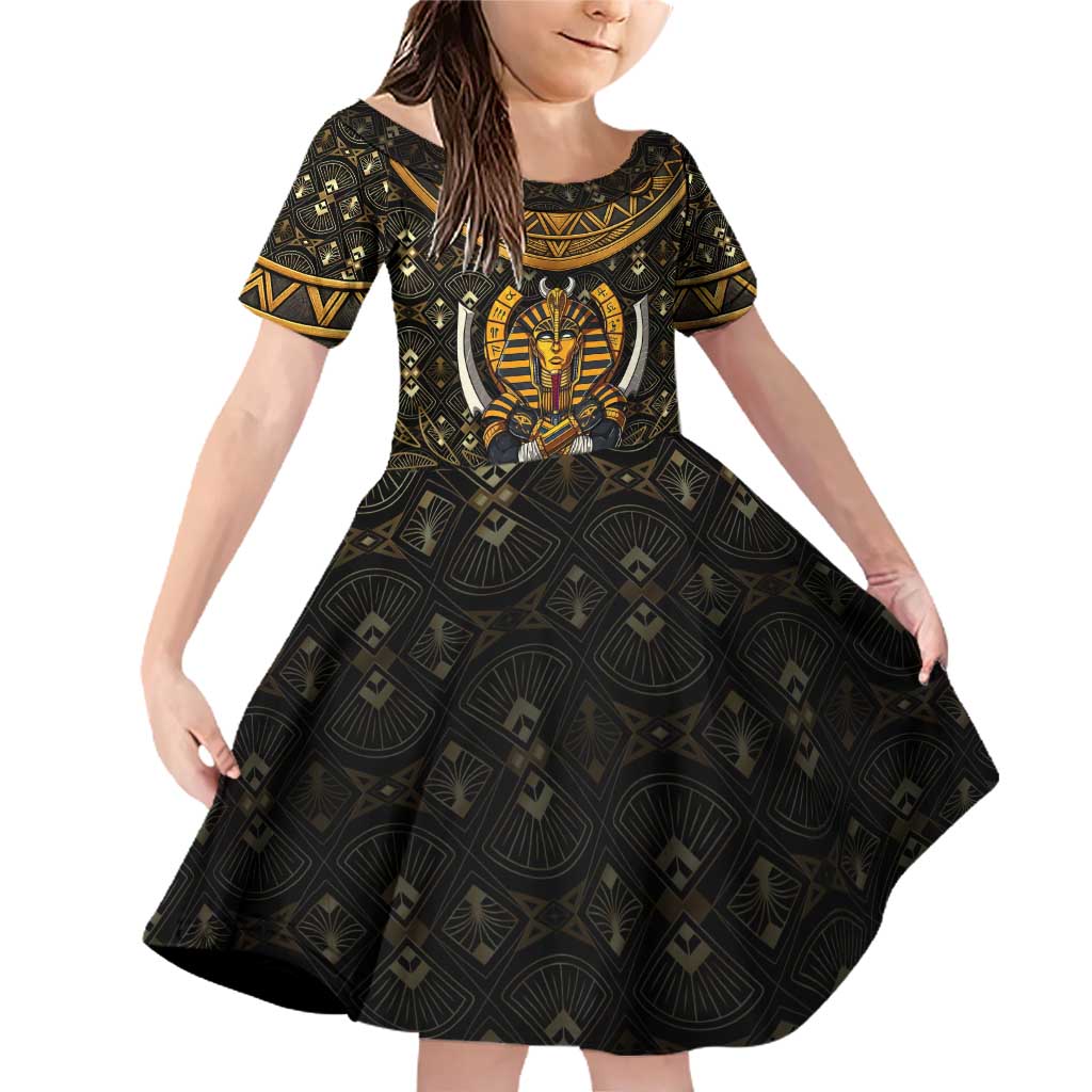 Pharaoh King Tut Egypt Family Matching Off Shoulder Short Dress and Hawaiian Shirt with Hieroglyphic Gold Pattern