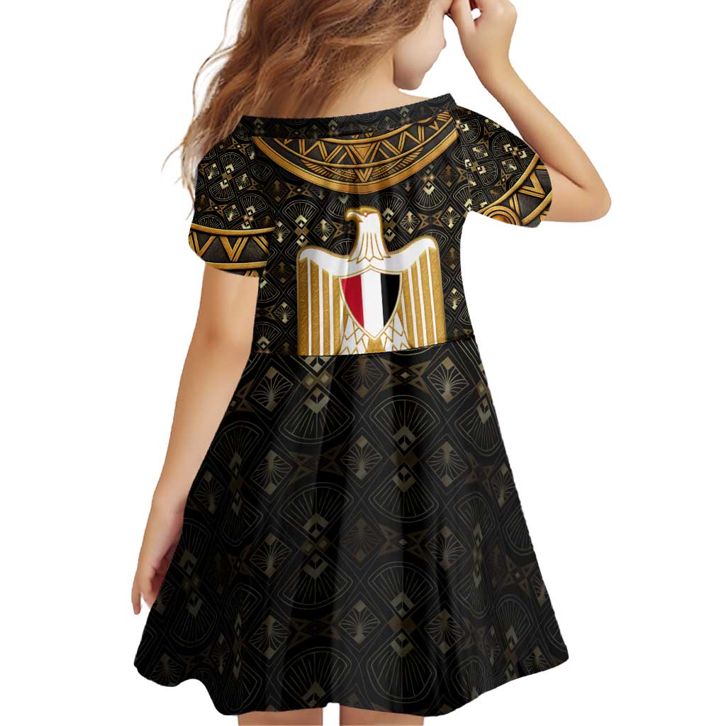Pharaoh King Tut Egypt Family Matching Off Shoulder Short Dress and Hawaiian Shirt with Hieroglyphic Gold Pattern