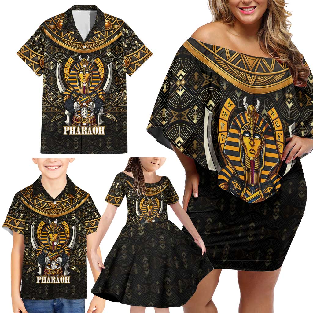 Pharaoh King Tut Egypt Family Matching Off Shoulder Short Dress and Hawaiian Shirt with Hieroglyphic Gold Pattern
