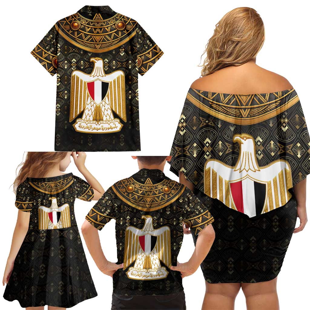 Pharaoh King Tut Egypt Family Matching Off Shoulder Short Dress and Hawaiian Shirt with Hieroglyphic Gold Pattern