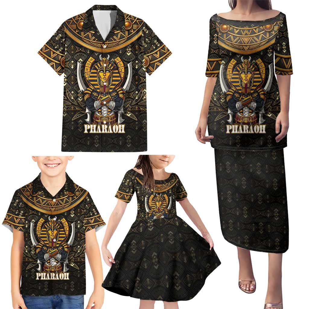 Pharaoh King Tut Egypt Family Matching Puletasi and Hawaiian Shirt with Hieroglyphic Gold Pattern