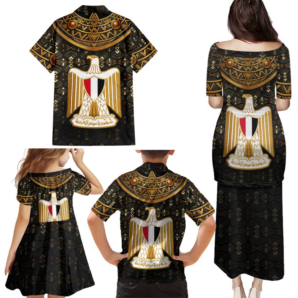 Pharaoh King Tut Egypt Family Matching Puletasi and Hawaiian Shirt with Hieroglyphic Gold Pattern