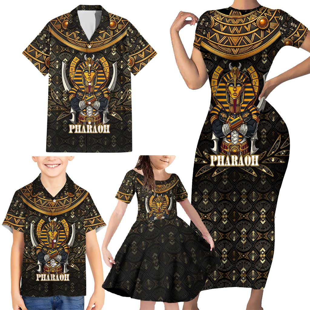Pharaoh King Tut Egypt Family Matching Short Sleeve Bodycon Dress and Hawaiian Shirt with Hieroglyphic Gold Pattern