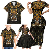 Pharaoh King Tut Egypt Family Matching Short Sleeve Bodycon Dress and Hawaiian Shirt with Hieroglyphic Gold Pattern