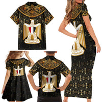 Pharaoh King Tut Egypt Family Matching Short Sleeve Bodycon Dress and Hawaiian Shirt with Hieroglyphic Gold Pattern