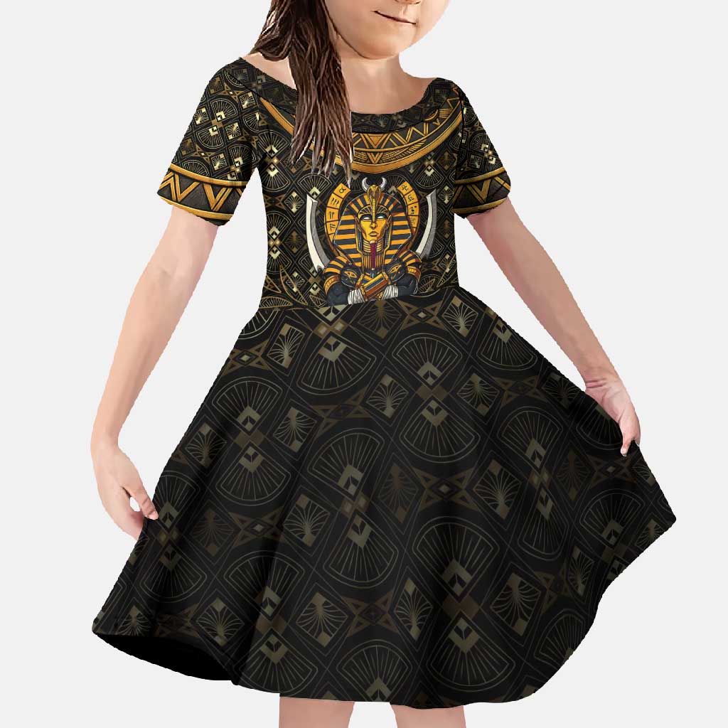 Pharaoh King Tut Egypt Family Matching Summer Maxi Dress and Hawaiian Shirt with Hieroglyphic Gold Pattern