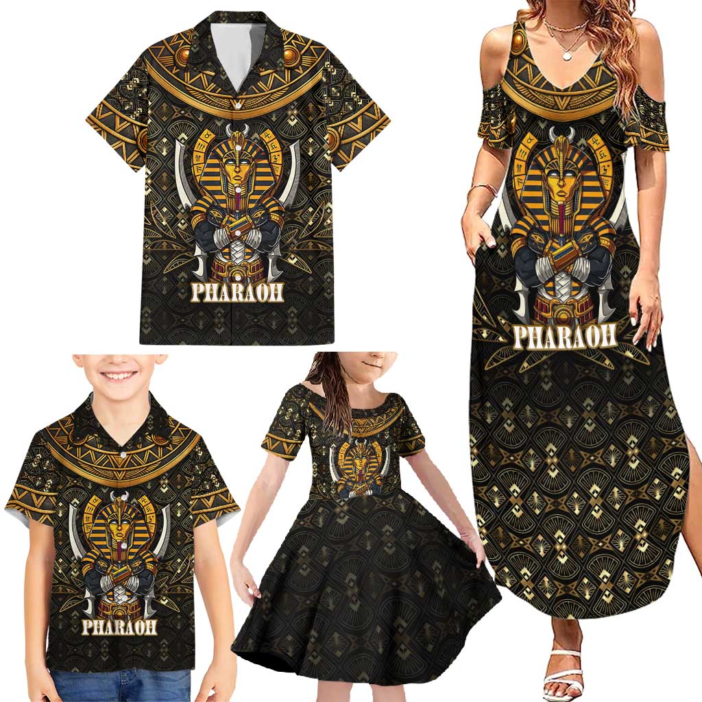 Pharaoh King Tut Egypt Family Matching Summer Maxi Dress and Hawaiian Shirt with Hieroglyphic Gold Pattern