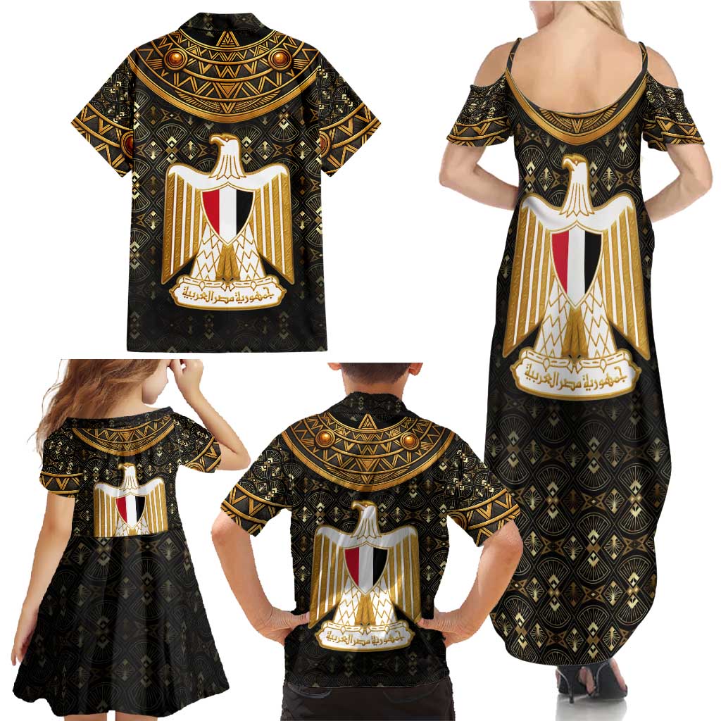 Pharaoh King Tut Egypt Family Matching Summer Maxi Dress and Hawaiian Shirt with Hieroglyphic Gold Pattern