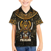 Pharaoh King Tut Egypt Family Matching Summer Maxi Dress and Hawaiian Shirt with Hieroglyphic Gold Pattern