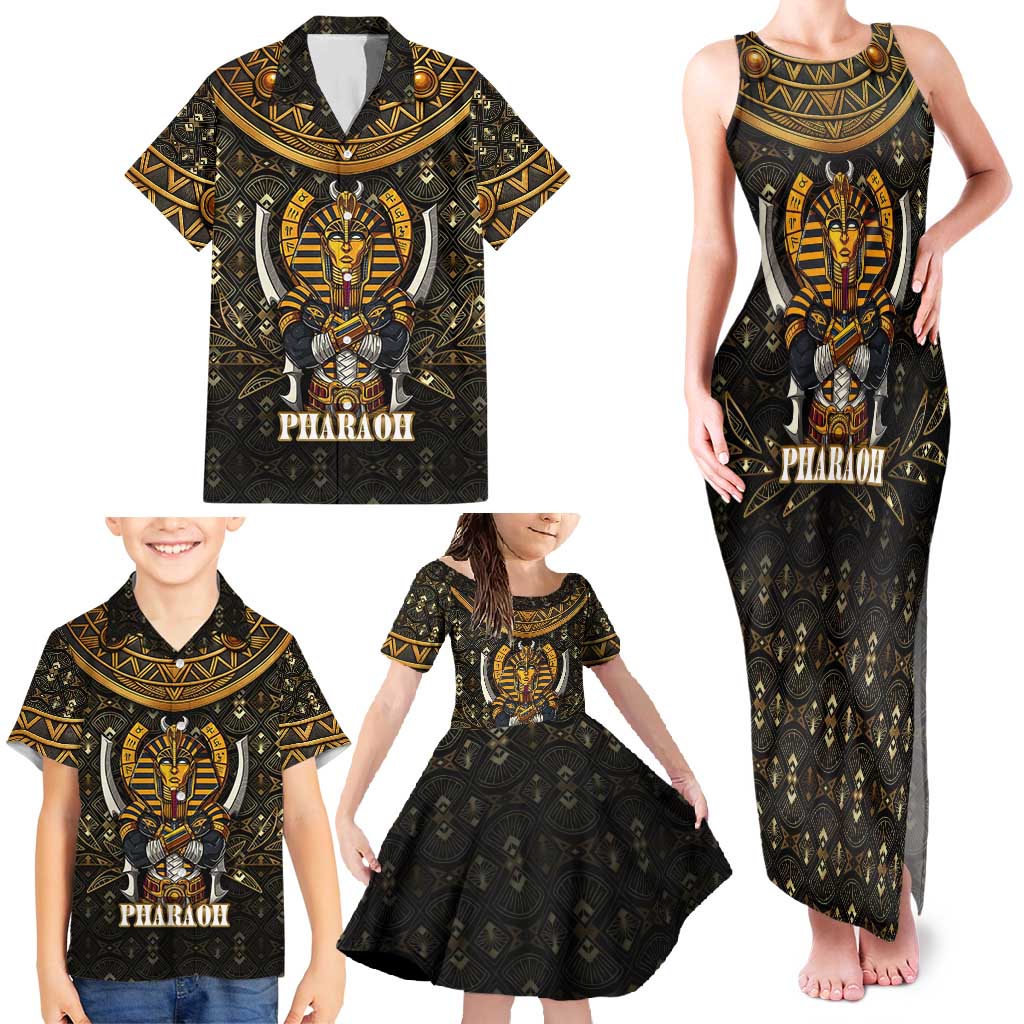 Pharaoh King Tut Egypt Family Matching Tank Maxi Dress and Hawaiian Shirt with Hieroglyphic Gold Pattern
