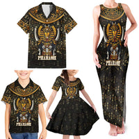 Pharaoh King Tut Egypt Family Matching Tank Maxi Dress and Hawaiian Shirt with Hieroglyphic Gold Pattern