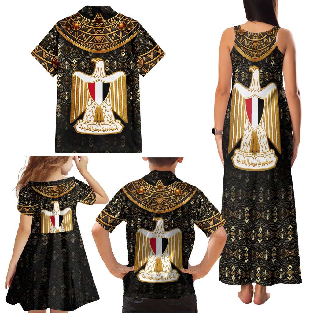 Pharaoh King Tut Egypt Family Matching Tank Maxi Dress and Hawaiian Shirt with Hieroglyphic Gold Pattern
