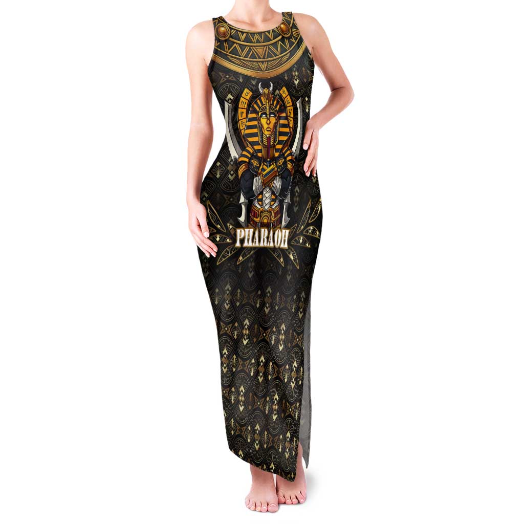 Pharaoh King Tut Egypt Family Matching Tank Maxi Dress and Hawaiian Shirt with Hieroglyphic Gold Pattern