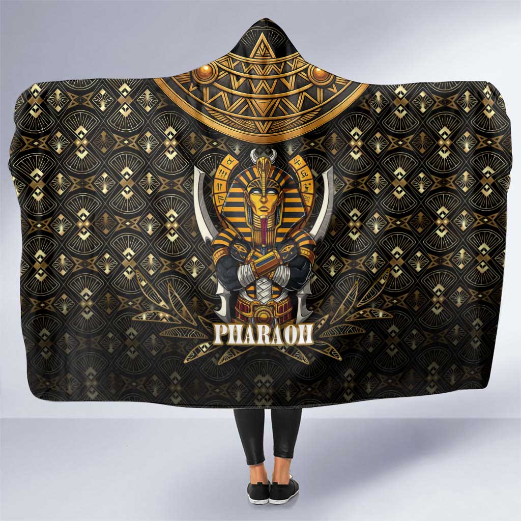 Pharaoh King Tut Egypt Hooded Blanket with Hieroglyphic Gold Pattern