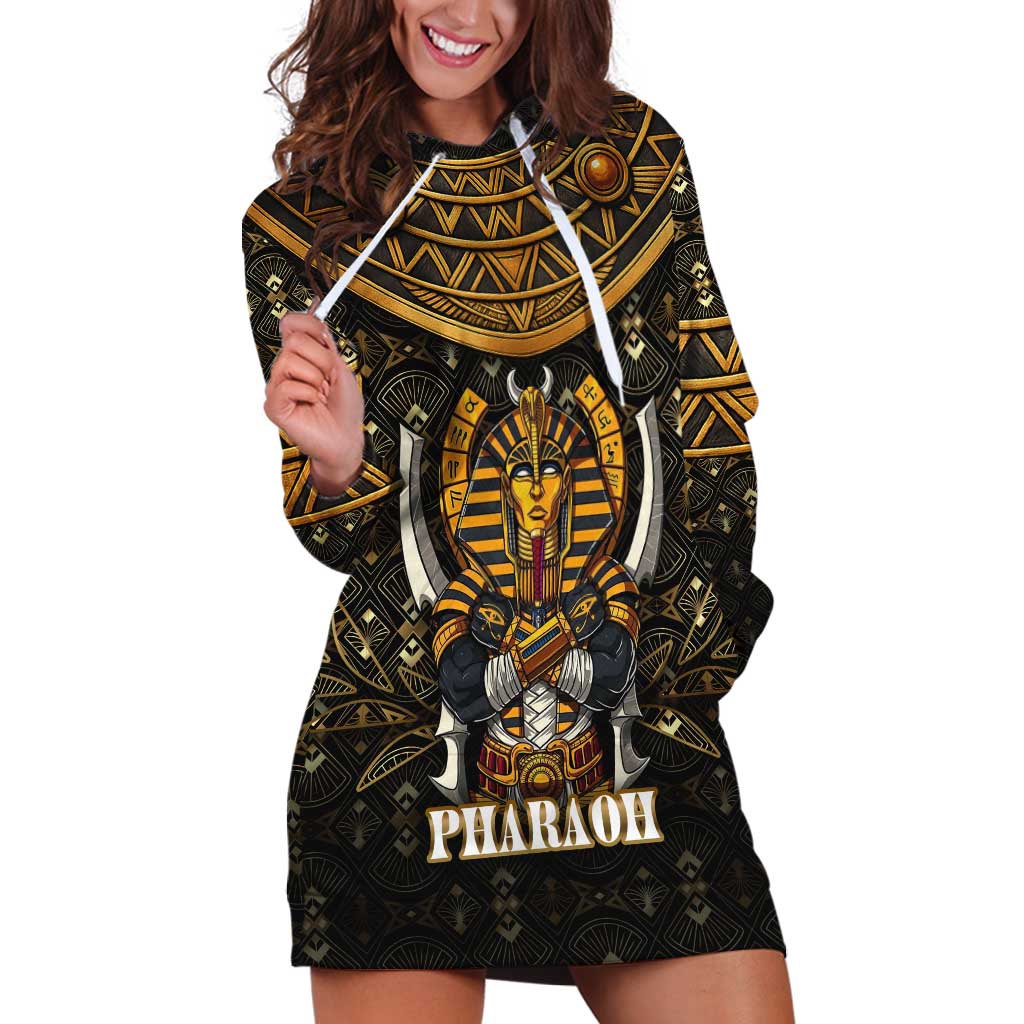 Pharaoh King Tut Egypt Hoodie Dress with Hieroglyphic Gold Pattern