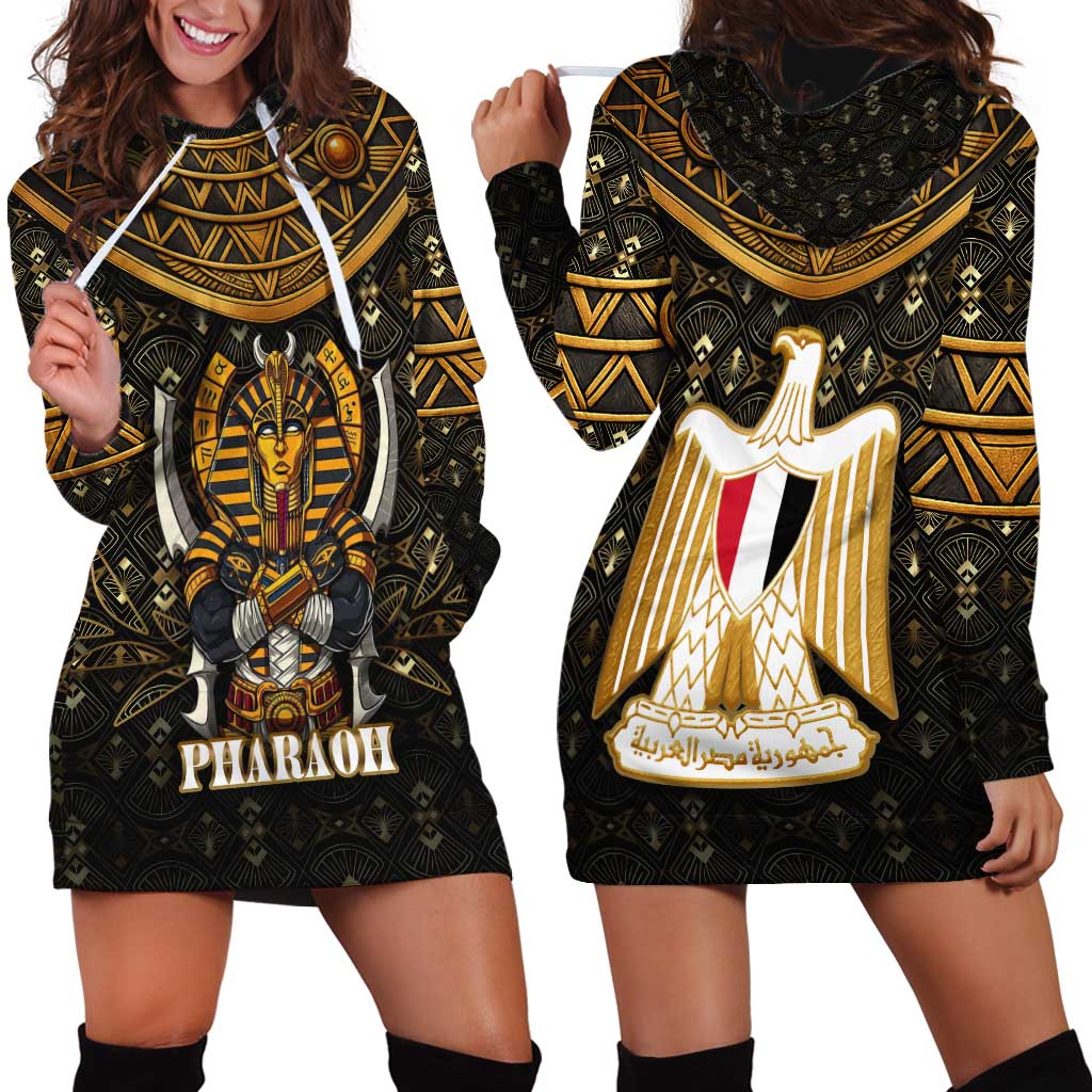Pharaoh King Tut Egypt Hoodie Dress with Hieroglyphic Gold Pattern