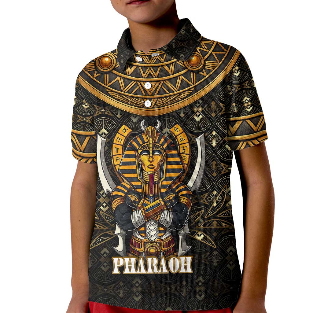 Pharaoh King Tut Egypt Kid Polo Shirt with Hieroglyphic Gold Pattern