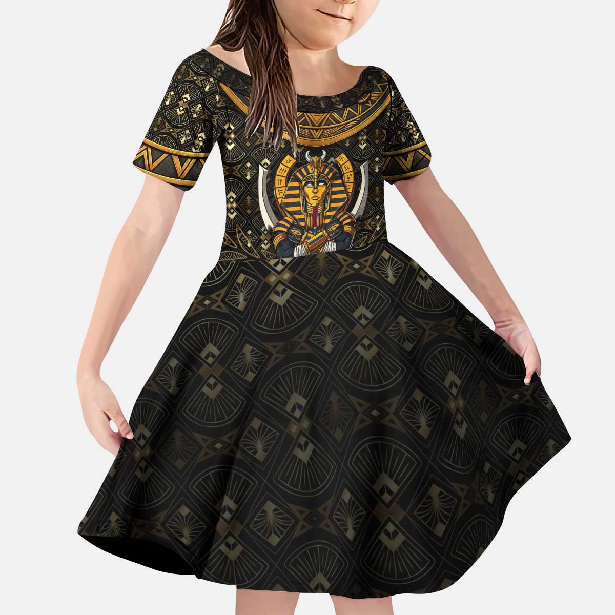 Pharaoh King Tut Egypt Kid Short Sleeve Dress with Hieroglyphic Gold Pattern