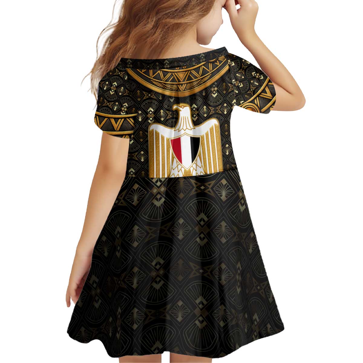 Pharaoh King Tut Egypt Kid Short Sleeve Dress with Hieroglyphic Gold Pattern