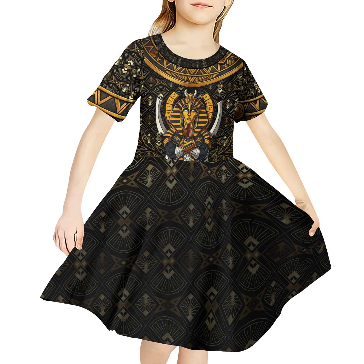 Pharaoh King Tut Egypt Kid Short Sleeve Dress with Hieroglyphic Gold Pattern