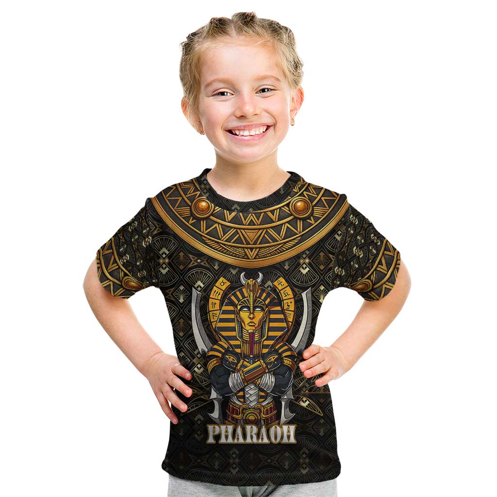 Pharaoh King Tut Egypt Kid T Shirt with Hieroglyphic Gold Pattern