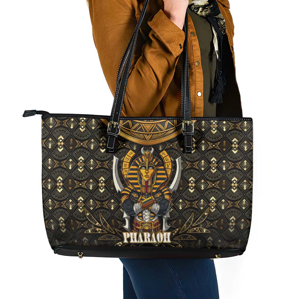 Pharaoh King Tut Egypt Leather Tote Bag with Hieroglyphic Gold Pattern