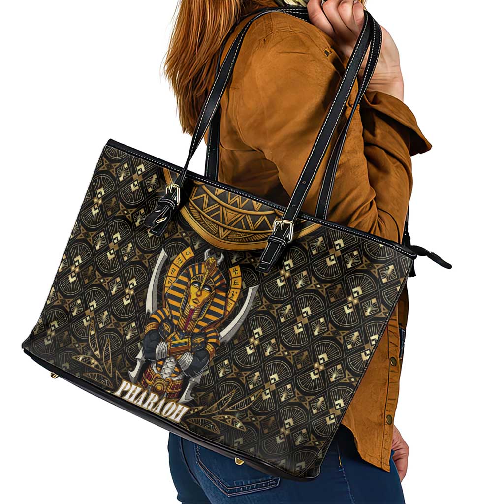 Pharaoh King Tut Egypt Leather Tote Bag with Hieroglyphic Gold Pattern