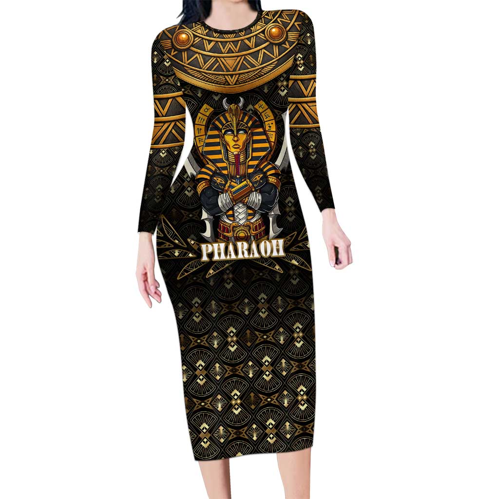 Pharaoh King Tut Egypt Long Sleeve Bodycon Dress with Hieroglyphic Gold Pattern