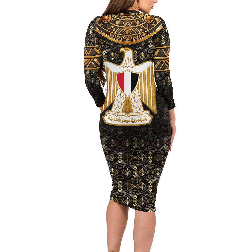 Pharaoh King Tut Egypt Long Sleeve Bodycon Dress with Hieroglyphic Gold Pattern