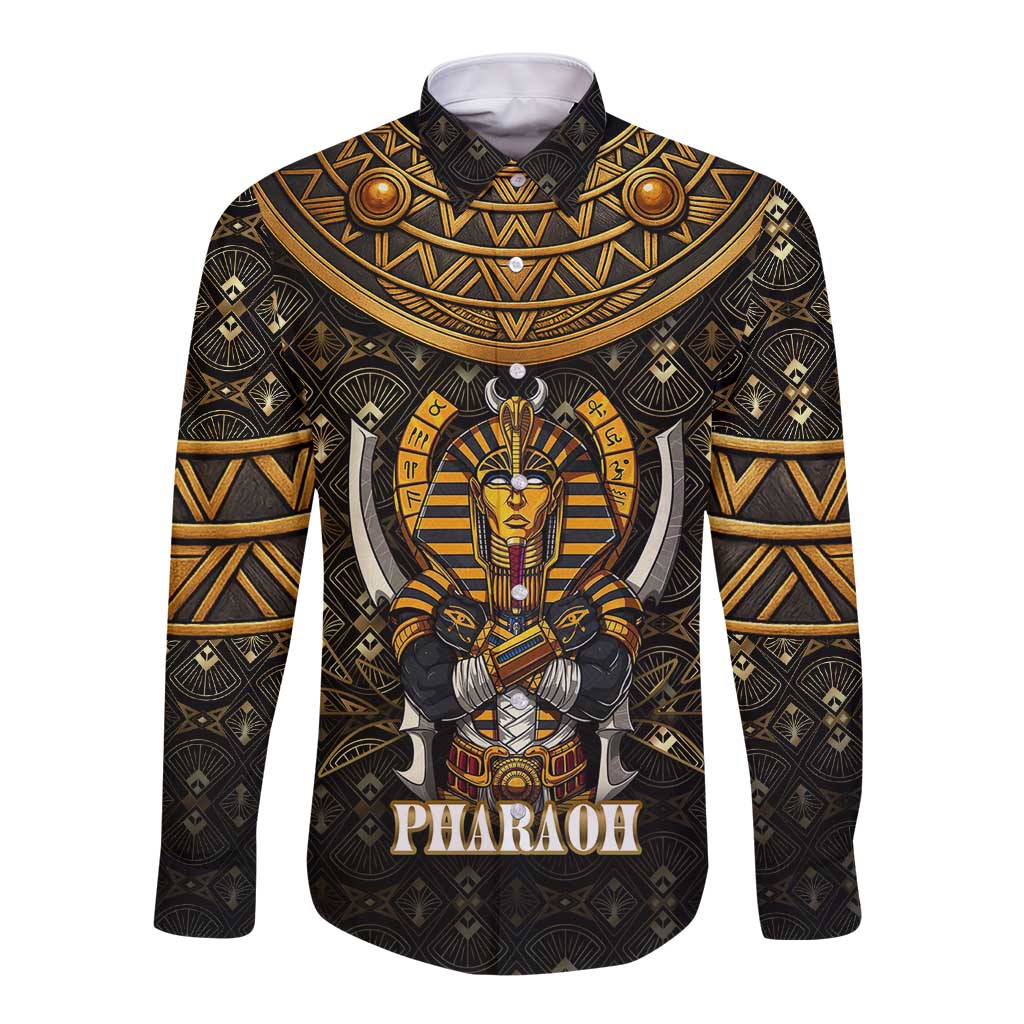 Pharaoh King Tut Egypt Long Sleeve Button Shirt with Hieroglyphic Gold Pattern