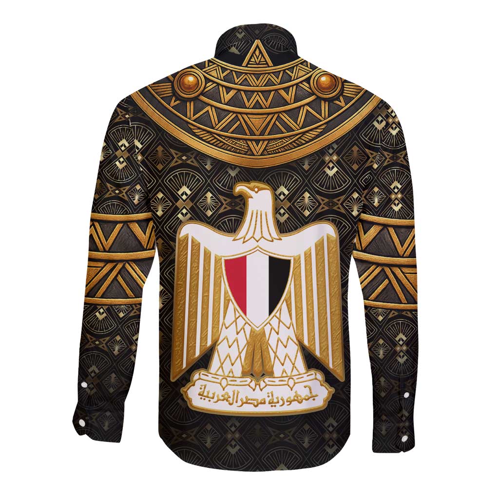 Pharaoh King Tut Egypt Long Sleeve Button Shirt with Hieroglyphic Gold Pattern