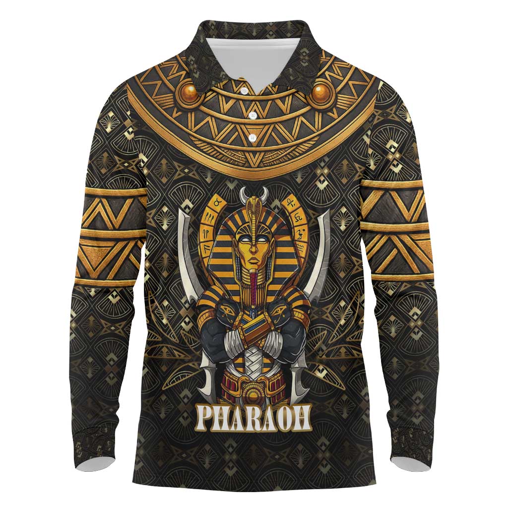 Pharaoh King Tut Egypt Long Sleeve Polo Shirt with Hieroglyphic Gold Pattern